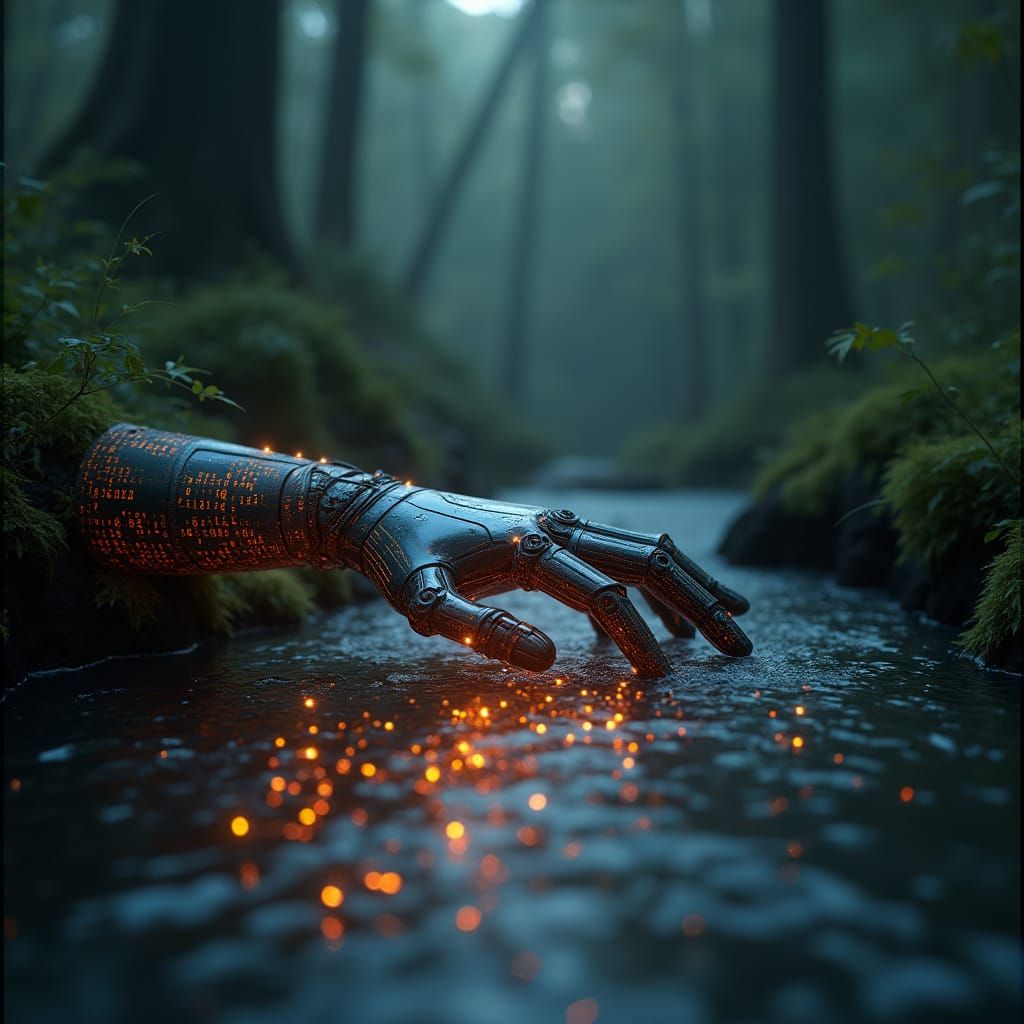 Cybernetic Hand in Data Stream, Nature Meets Tech Art
