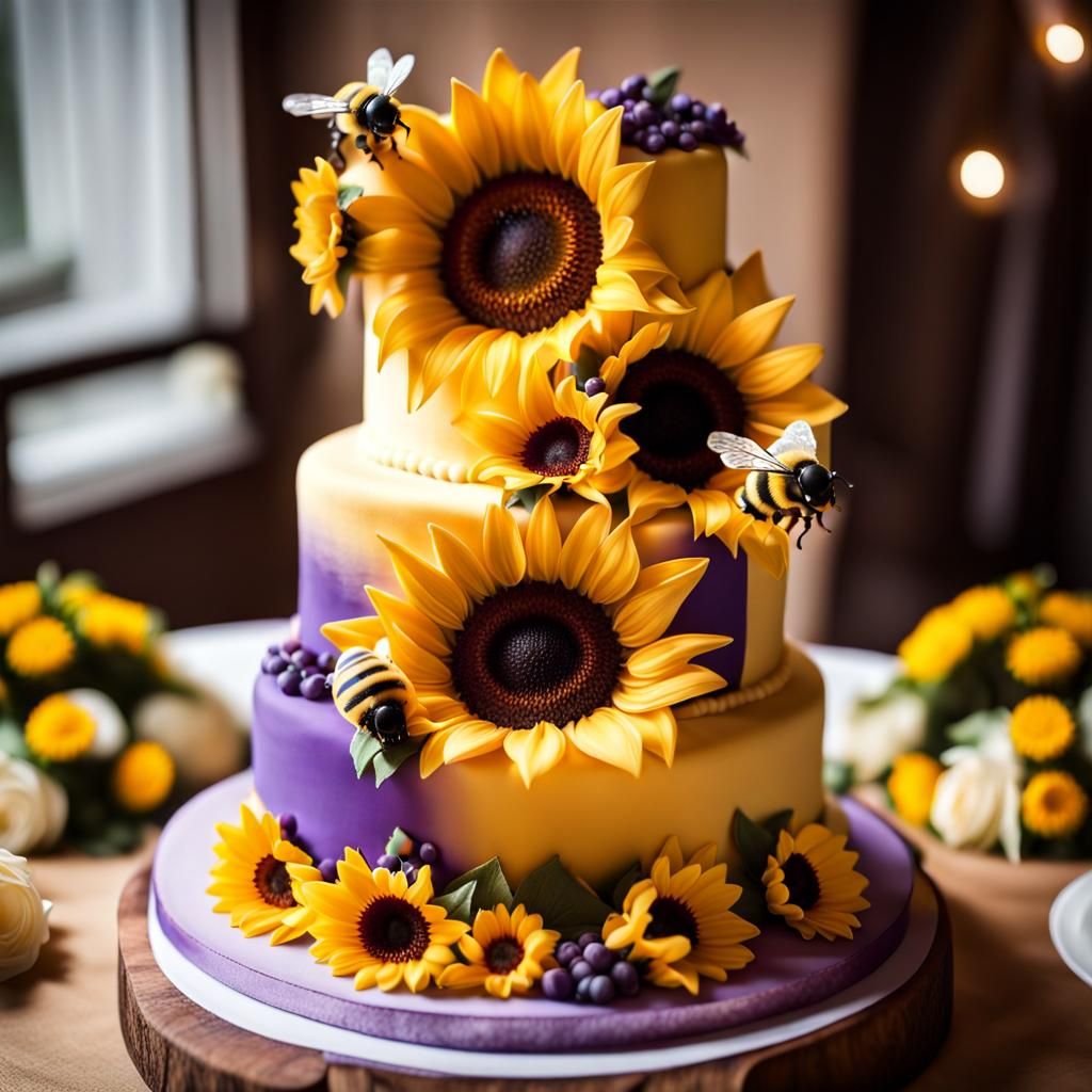 Sunflower and Bumble Bee Wedding Cake in 8k