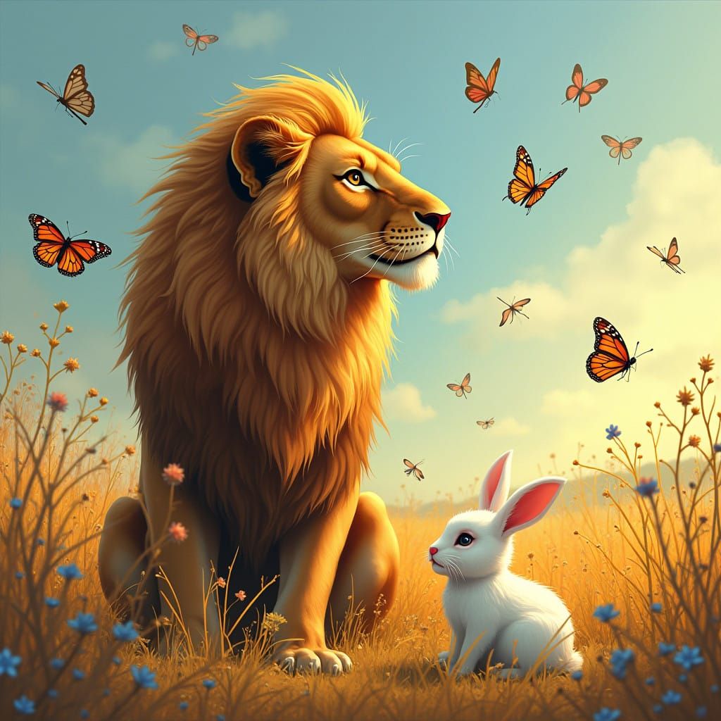 Regal Lion Surrounded by Vibrant Savannah Life