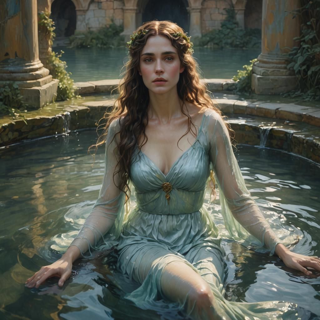Ondine Emerges from Roman Bath in Ethereal Oil Painting