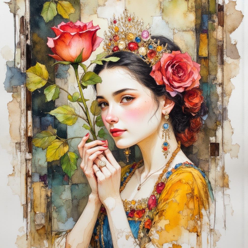 Belle with Rose: Pen and Ink Masterpiece