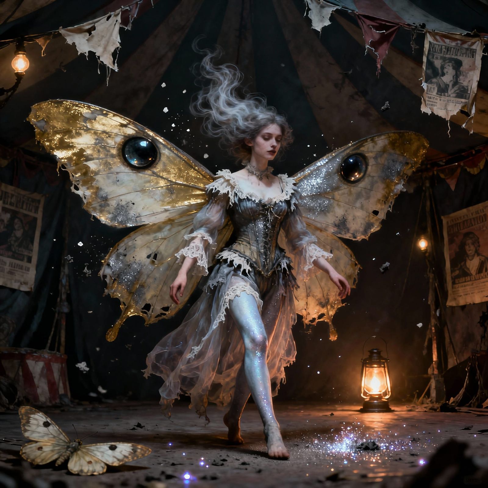Gothic Circus Human Moth Performer in Ethereal Light