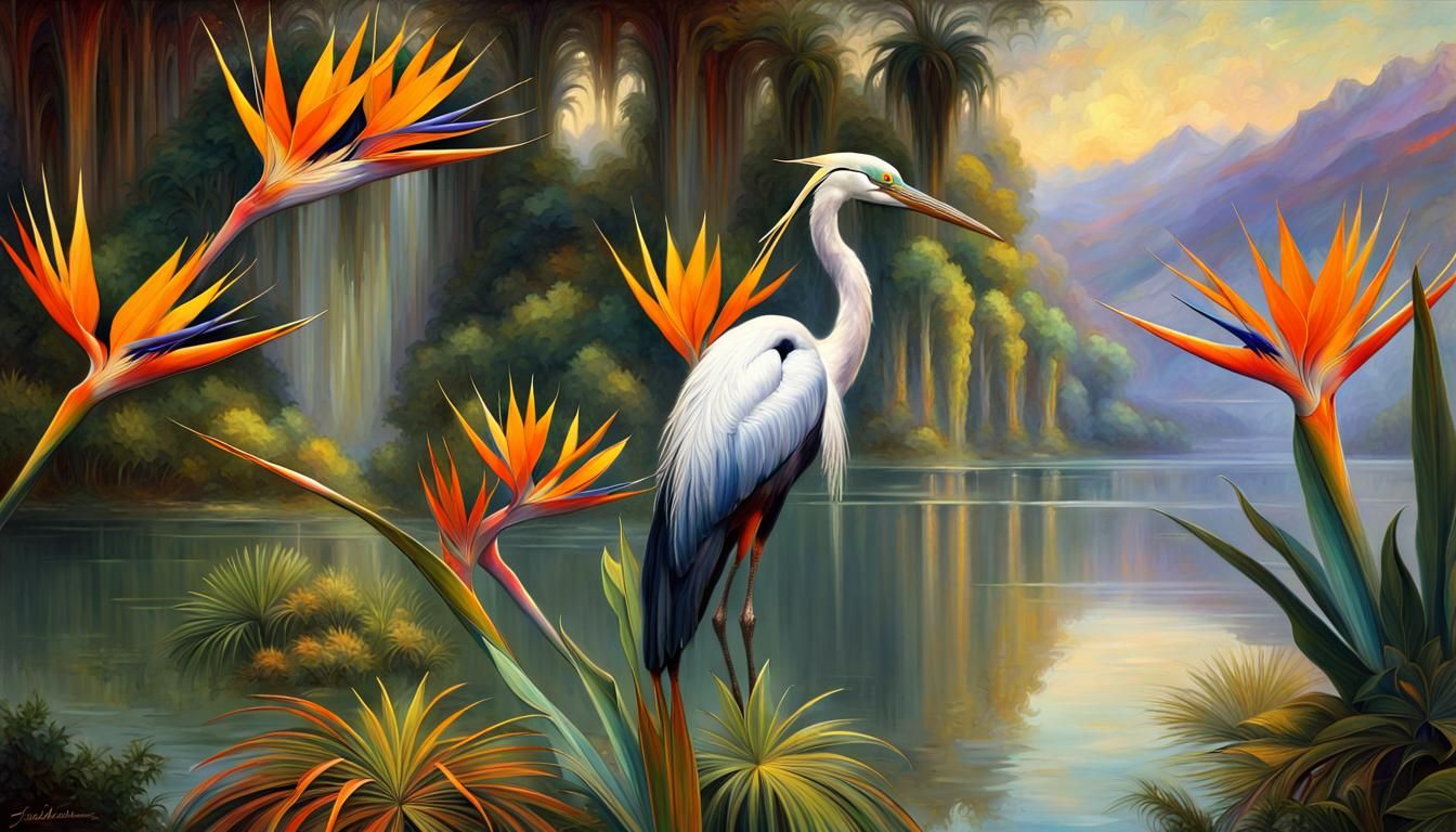Exotic Fractal Landscape with Strelitzia and Heron