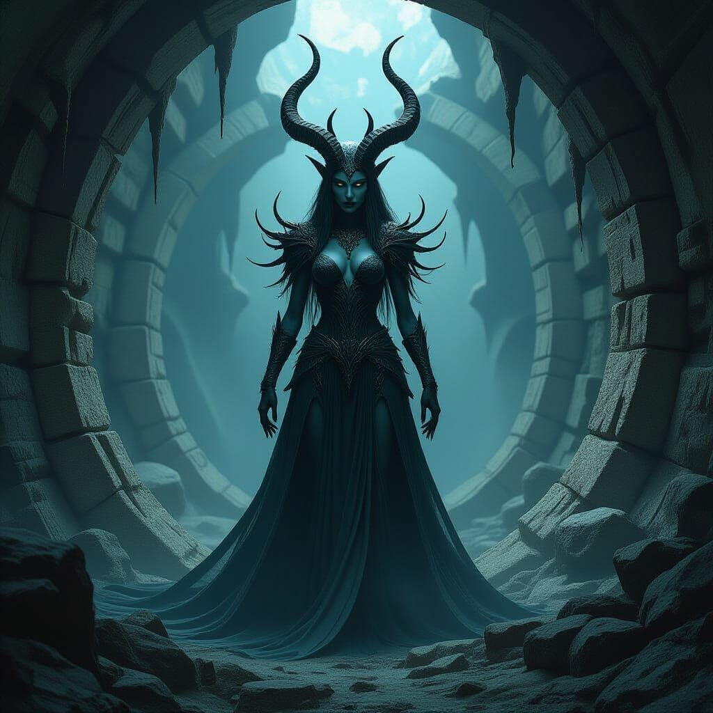 Lolth: Dark Elven Queen in Gothic Tunnels