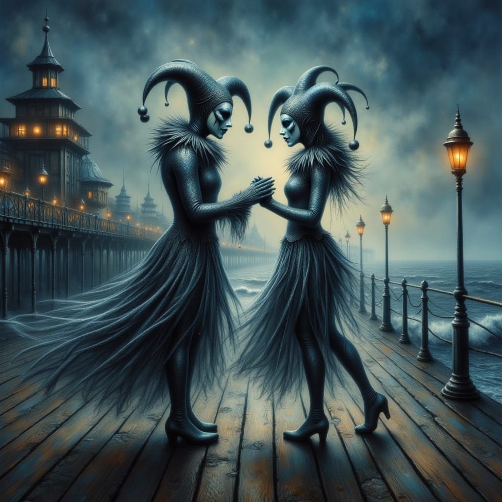 Spectral Jesters Dance on Foggy Victorian Pier