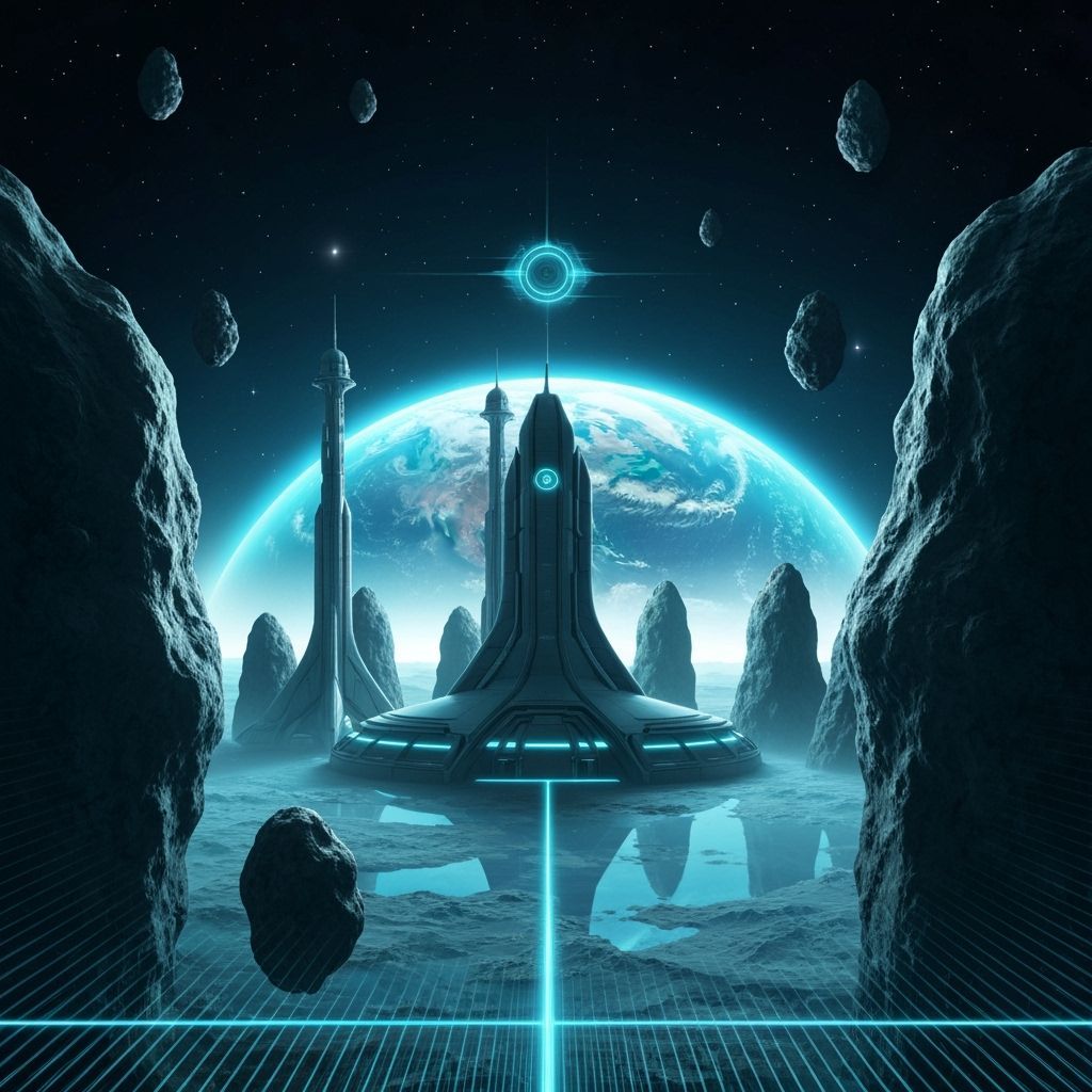 Futuristic Asteroid Spaceport Overlooking Earth in Abstract ...