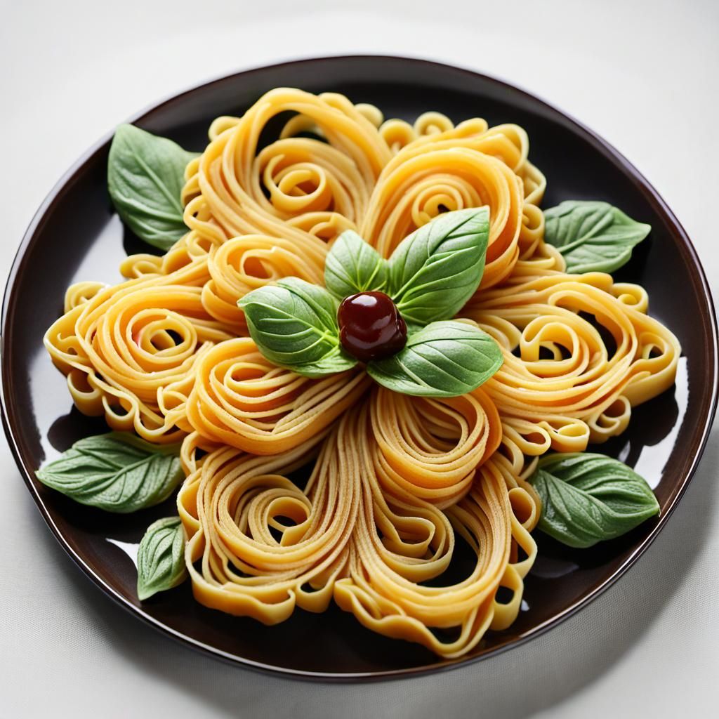 a haute cuisine dish served in the shape of a beautiful flower, made only from pasta, noodles, spaghetti, noodles. decor...