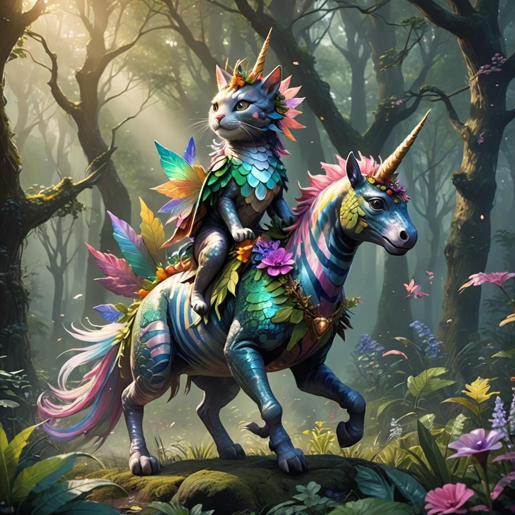 Fairy Cat Rides Unicorn: Fantasy Oil Painting