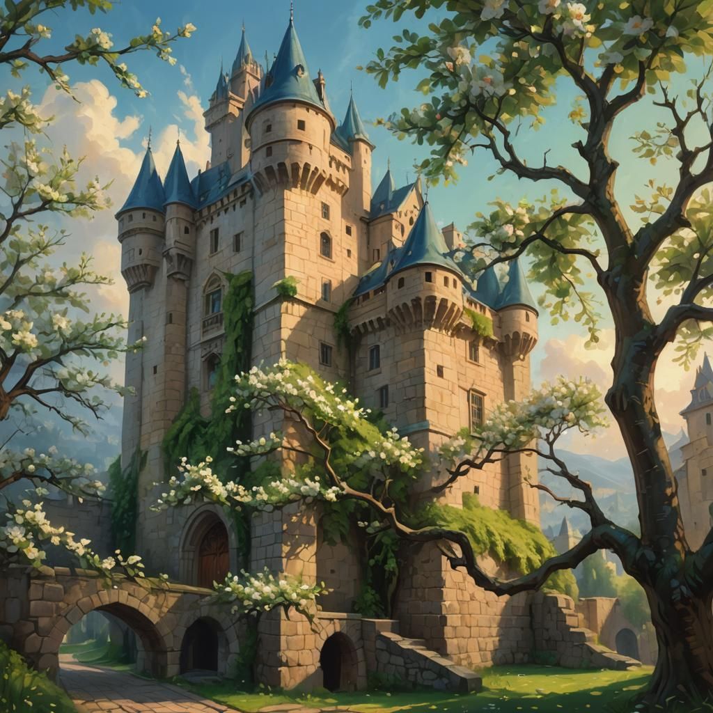 Romantic Oil Painting: Apple Tree Behind Castle
