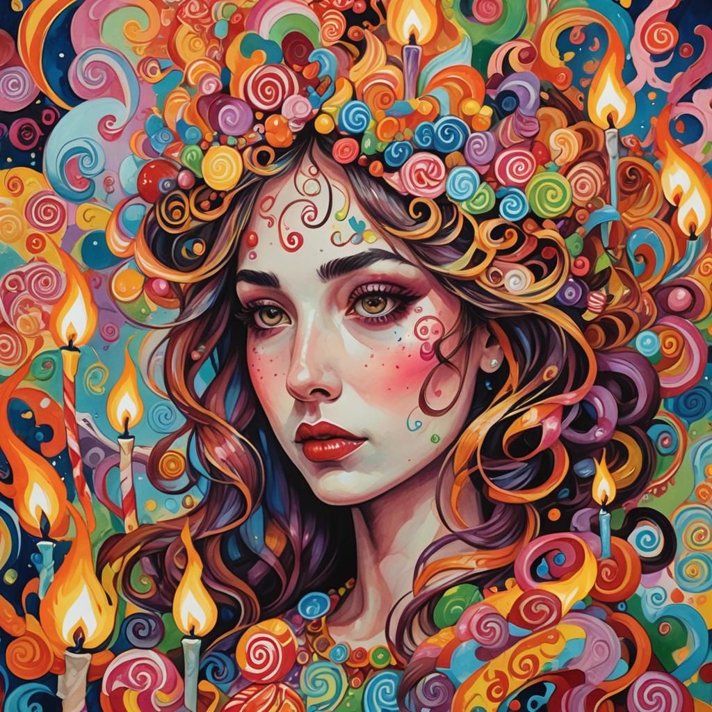Woman with Burning Matches in Gouache Candyland