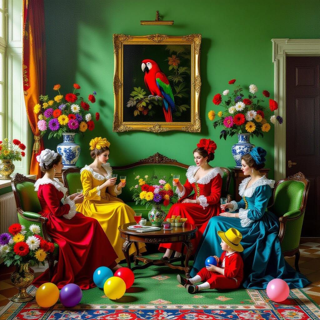 Baroque Living Room Celebration with Parrot Painting