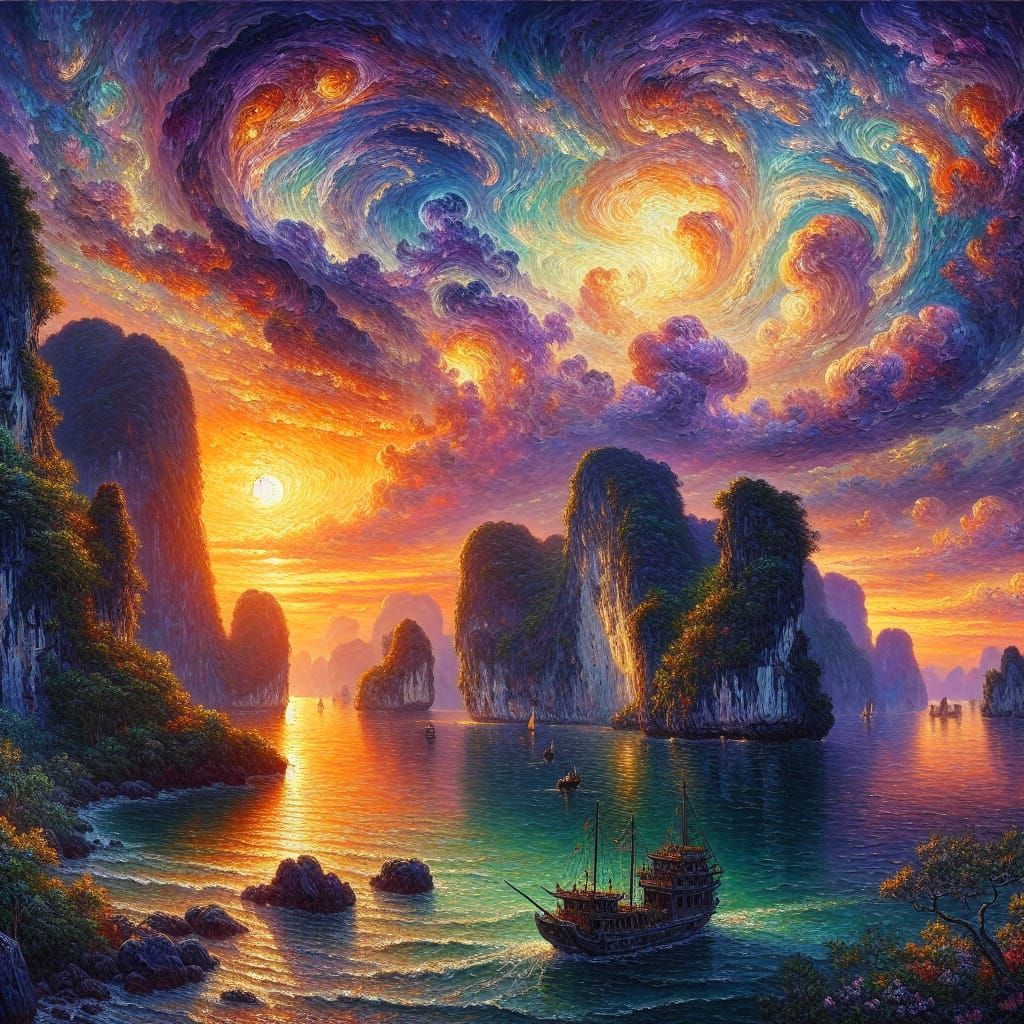 Ha Long Bay Sunset: Impressionist Oil Painting
