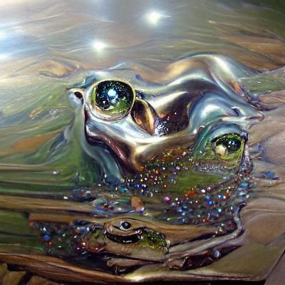 Glittery Frog in Mirrored Swamp: Oil Painting