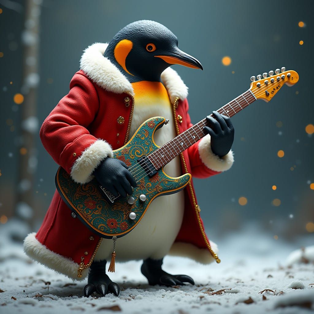 Rockhopper Penguin Shreds Electric Guitar in Vibrant Santa C...