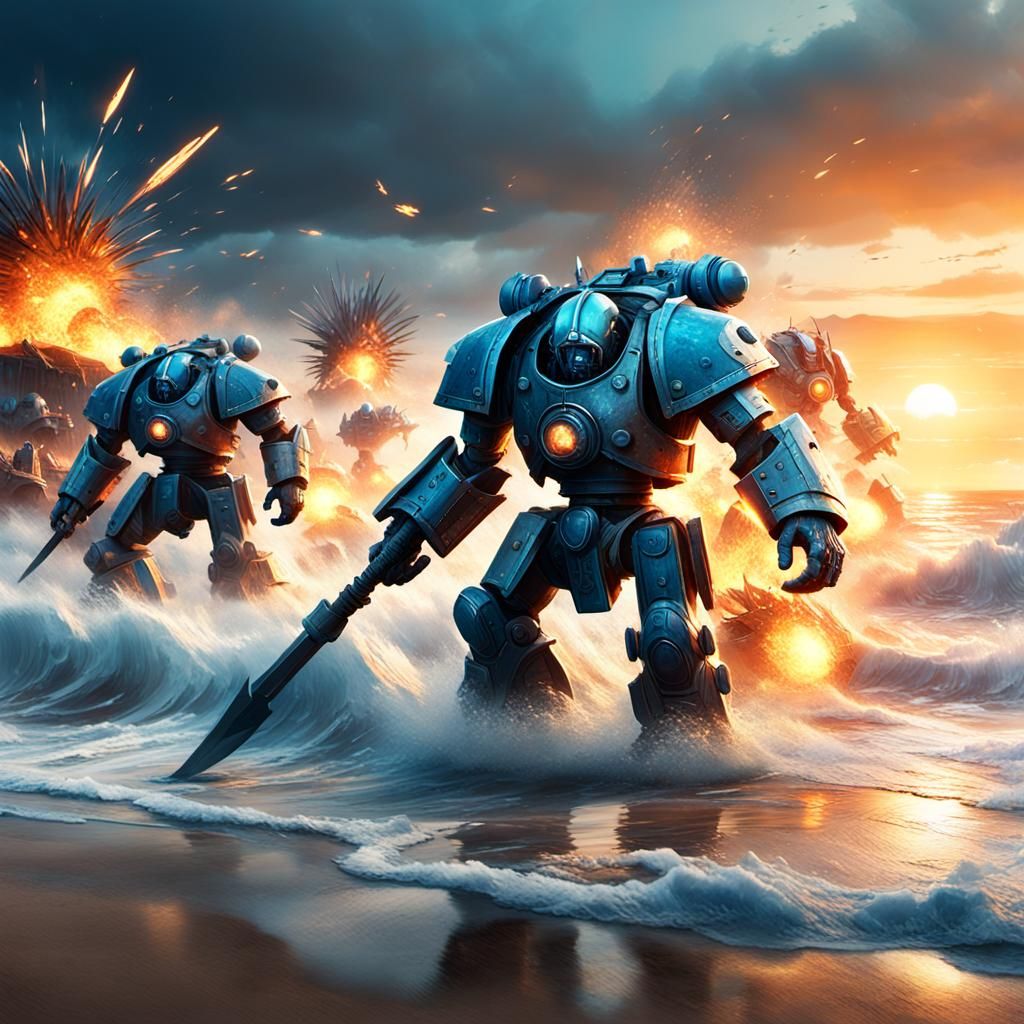 Mechanical Vikings Assault Beach in Sci-Fi Concept Art