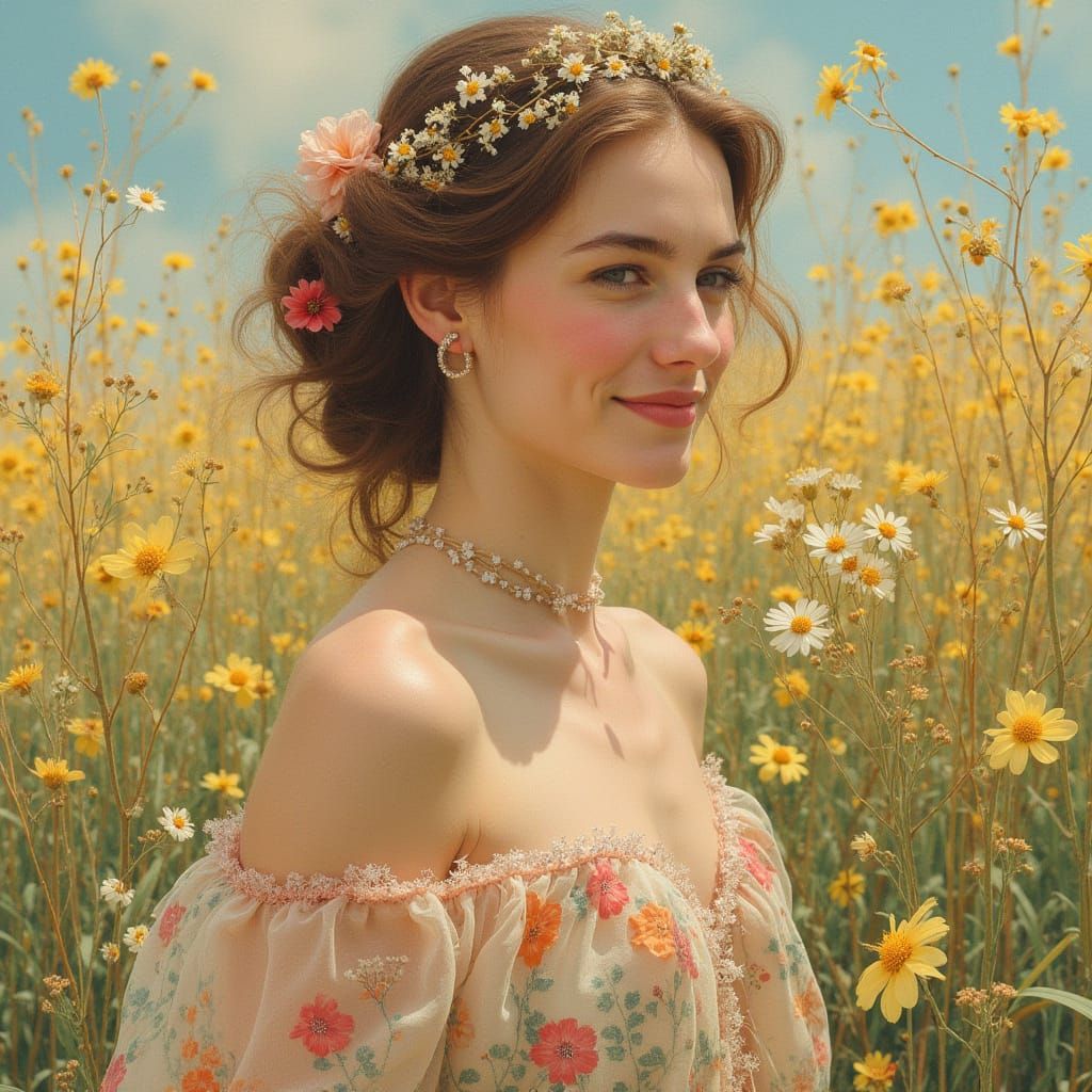 Smiling Woman with Floral Scarf in Art Nouveau Style