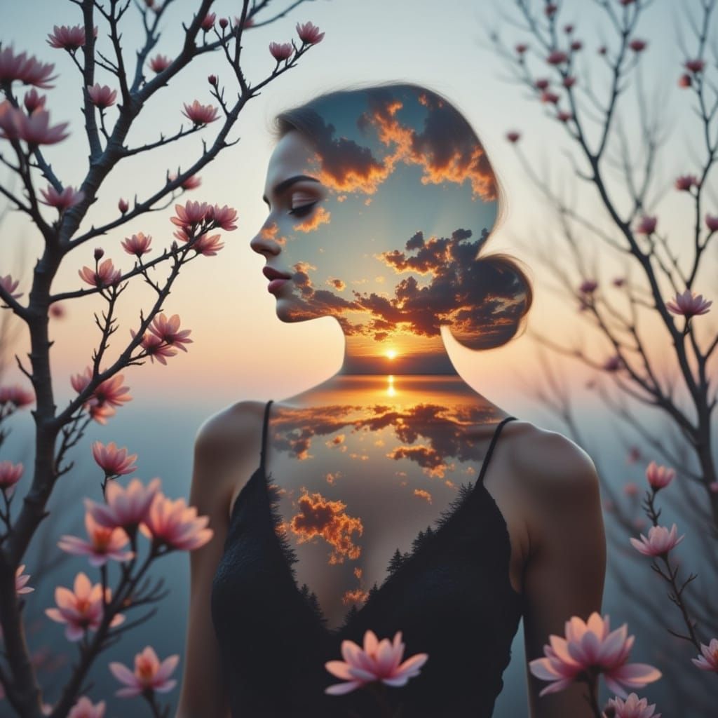 Double Exposure Portrait Blends Woman, Nature, and Sunset