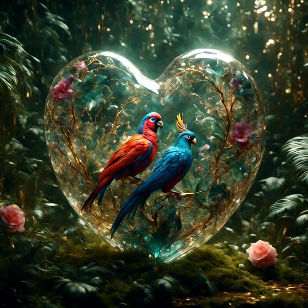Exotic birds in a heart-shaped glass