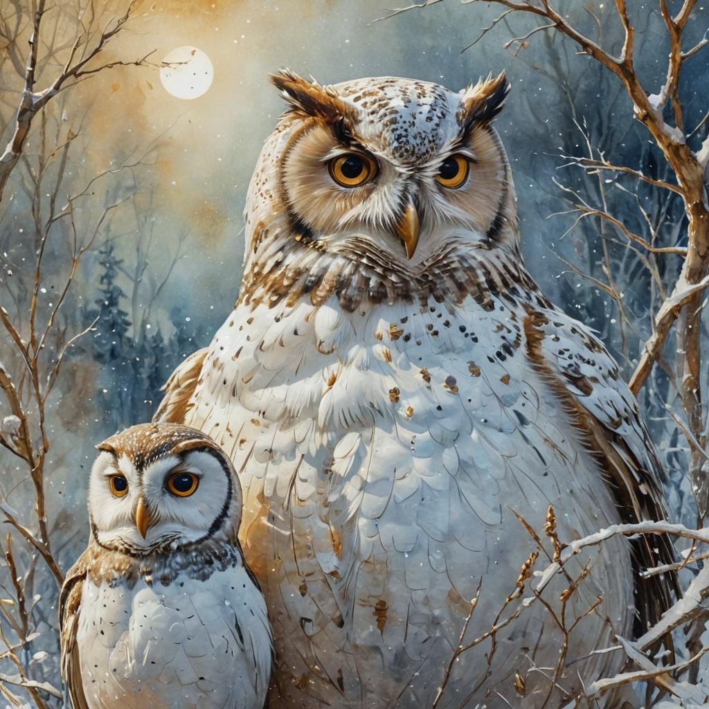 Dreamlike Snowman and Owl in Watercolor Style