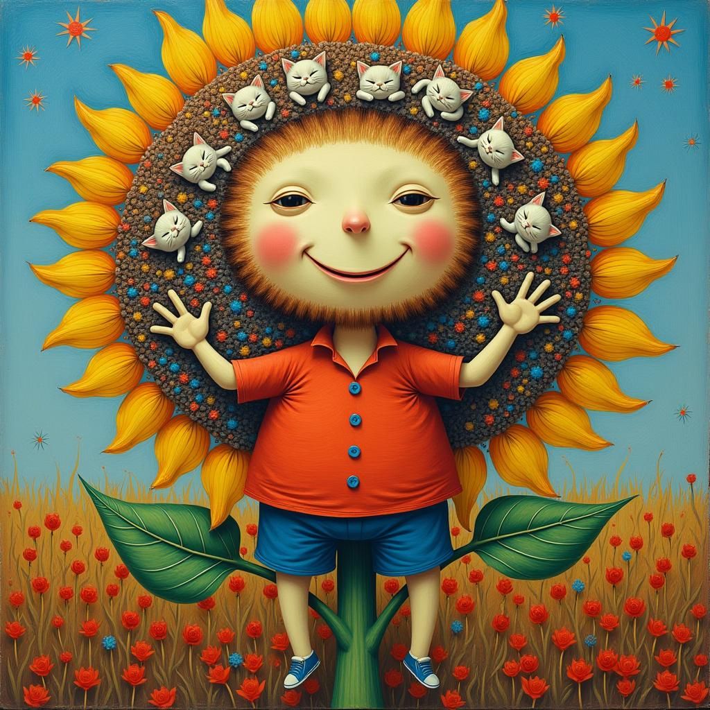 Van Gogh Style: Round Character Climbing Sunflower