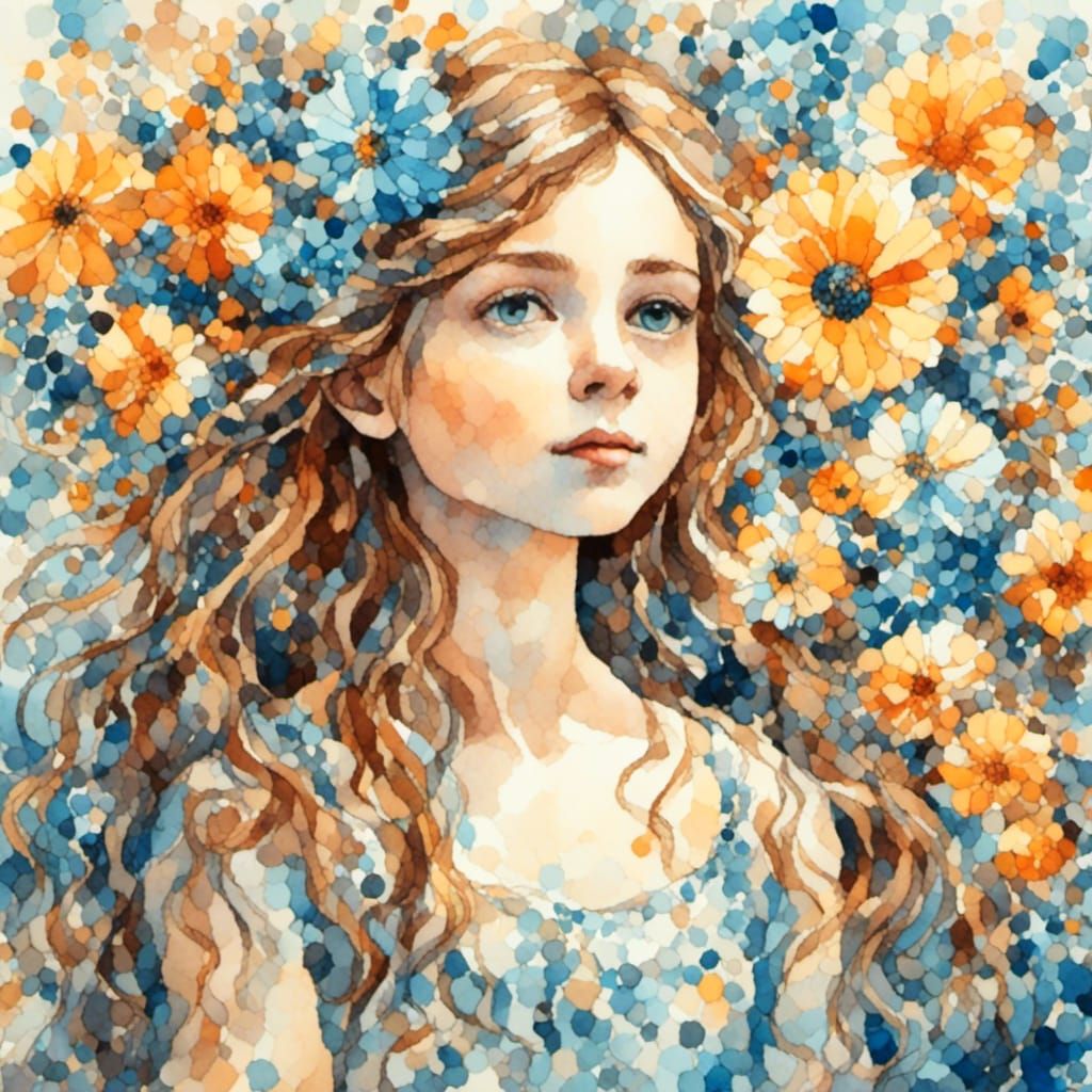 Charming Girl with Flowers in Watercolor Painting