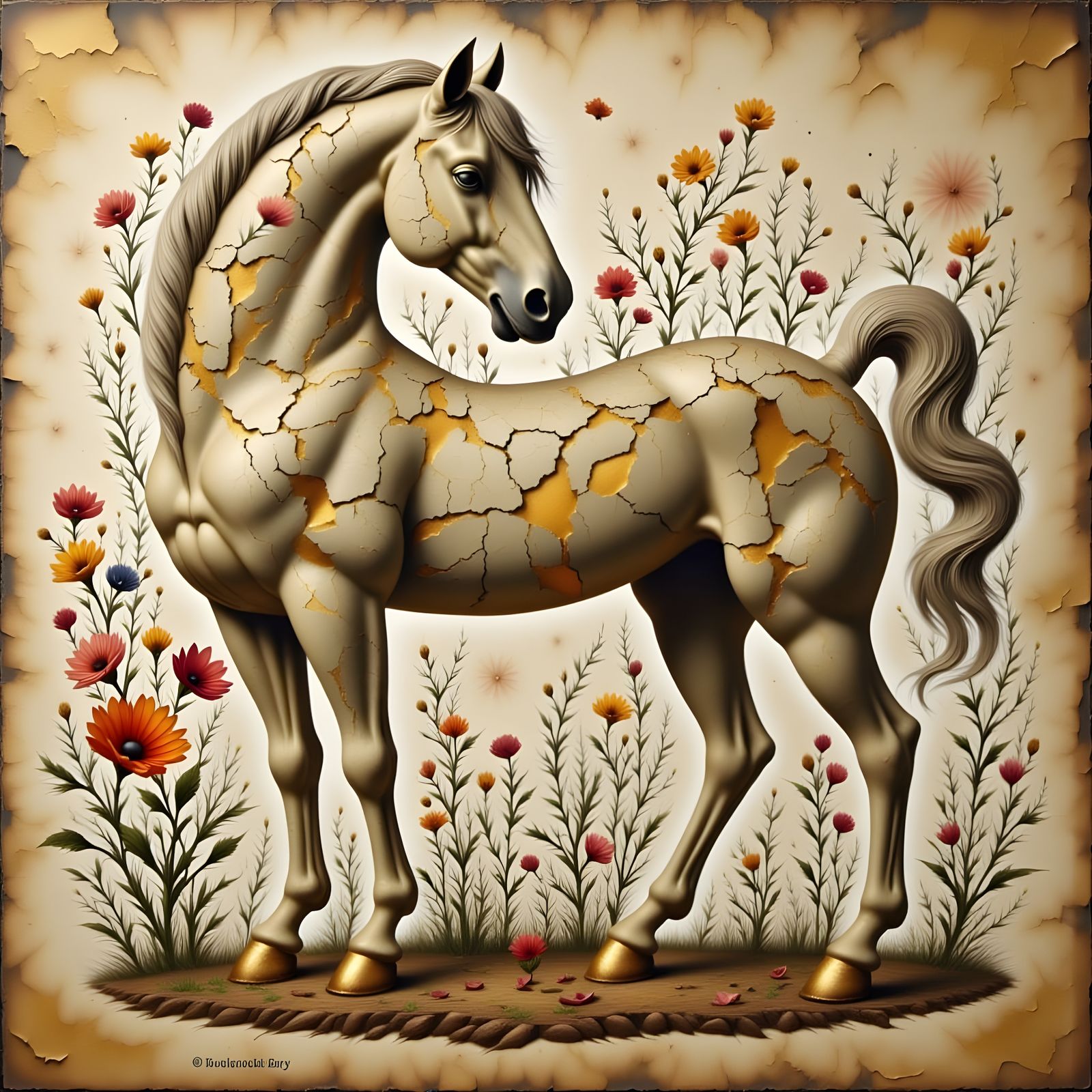 Marble Horse with Flowers in Kintsugi Style