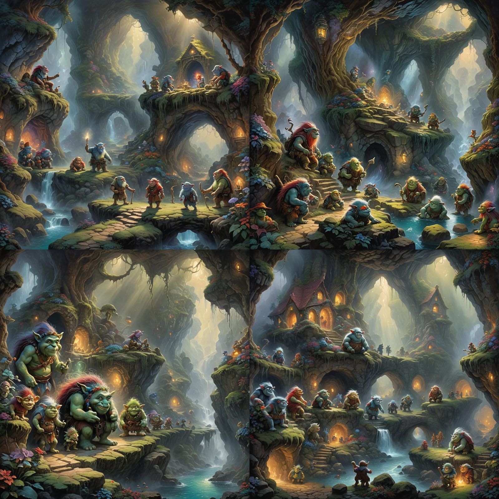 Ethereal Cave of Trolls in a Thomas Kinkade Style