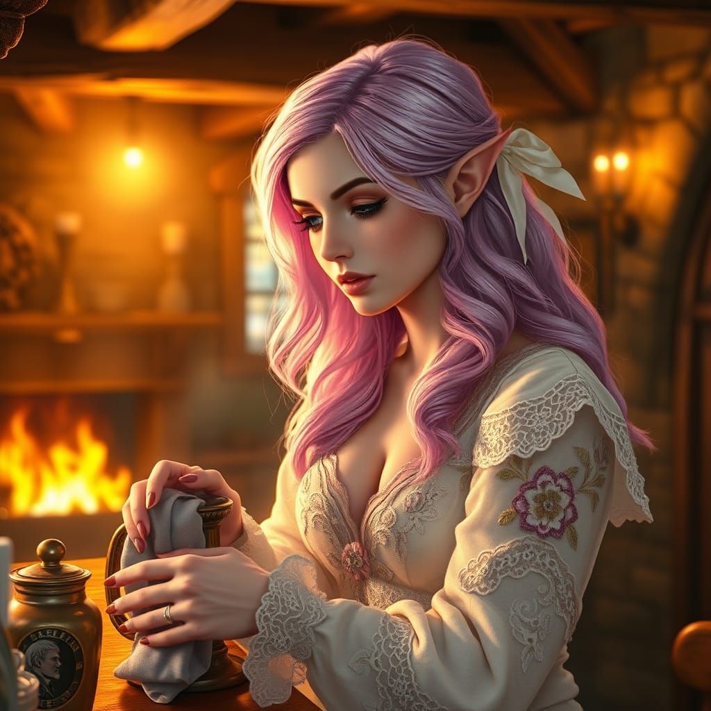 Elegant Elf Bartender in Cozy Medieval Pub