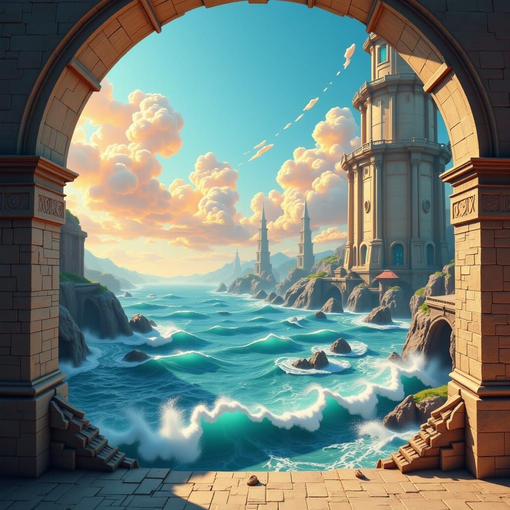 Art Deco Sea View Mural in Deep, Complementary Colors