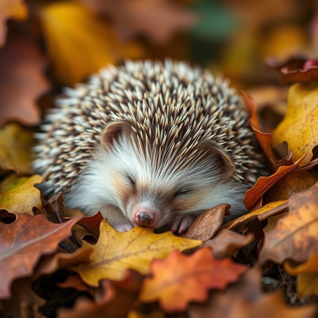 Baby Hedgehog Asleep in Autumn Leaves, Fantasy Art