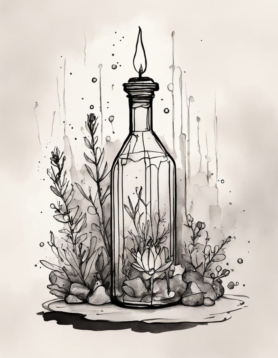 Spell Bottle Drawing with Crystals and Botanicals in Waterco...