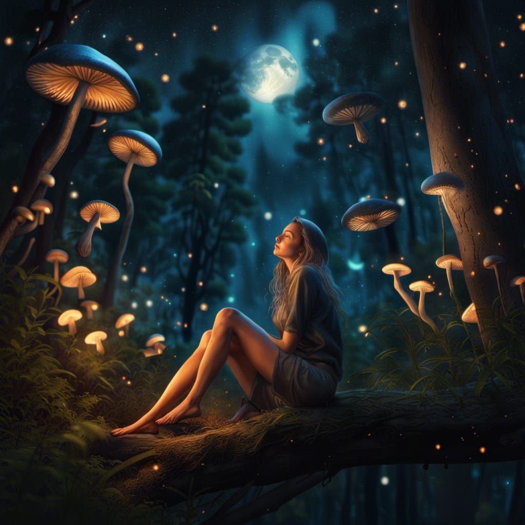 Woman in Forest at Night with Fireflies