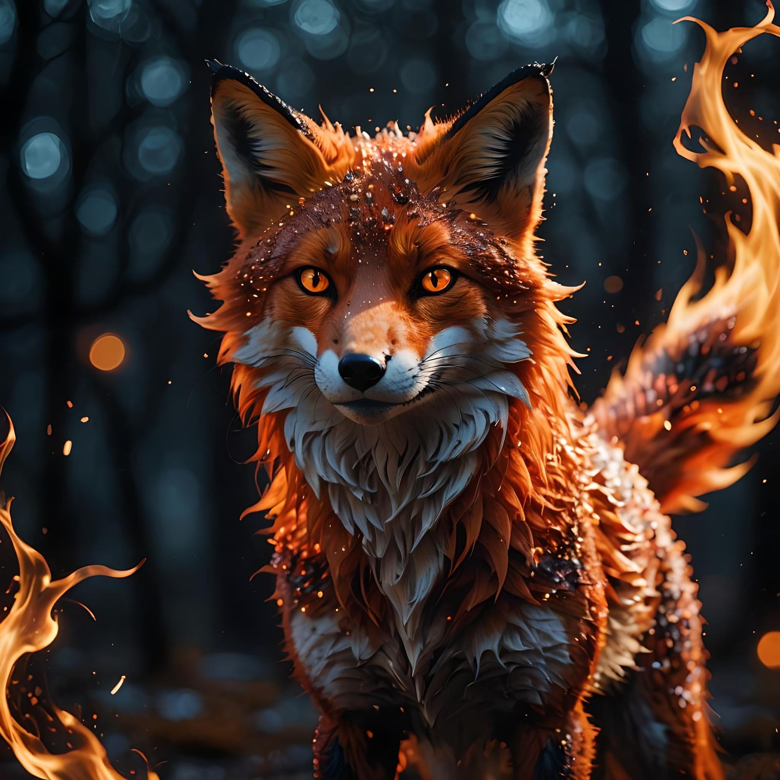 Vermillion Flame Fox in Dark Fantasy 3D Portrait