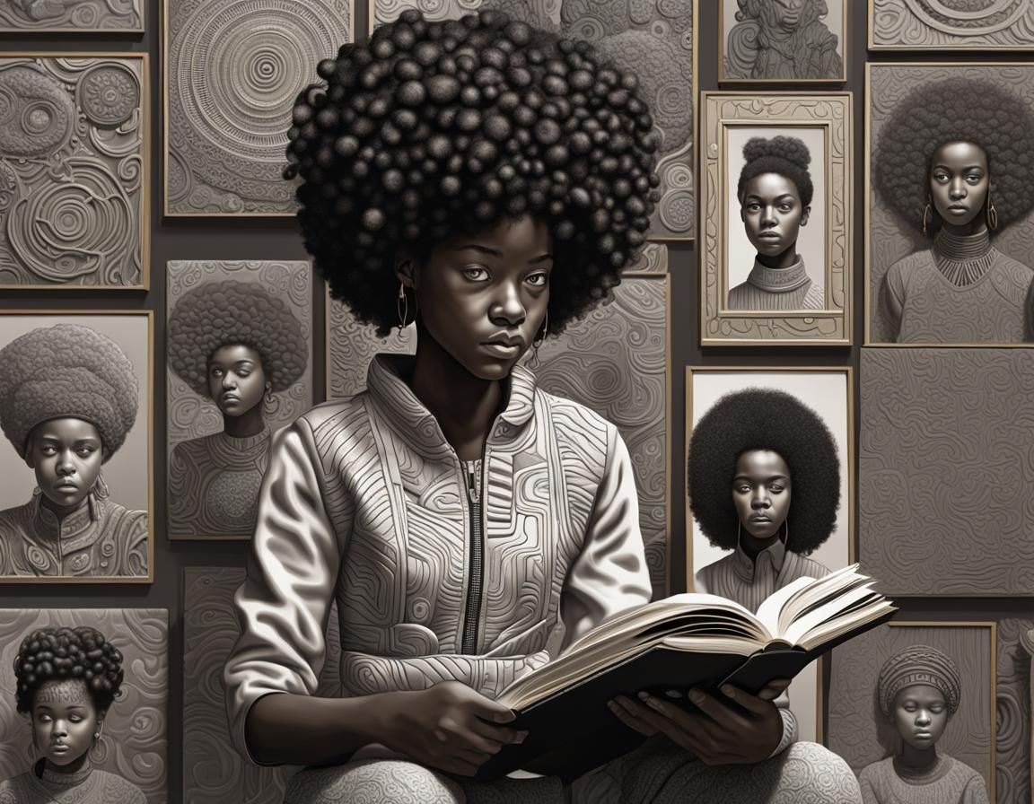 Afrofuturist Girl Reading with Bas-Relief Portraits