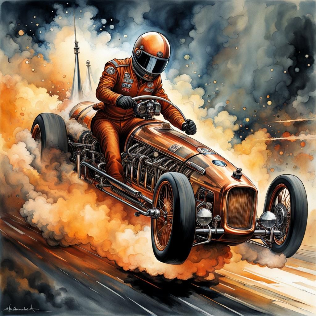 Copper Steampunk Dragster in Watercolor Ink Splash Art