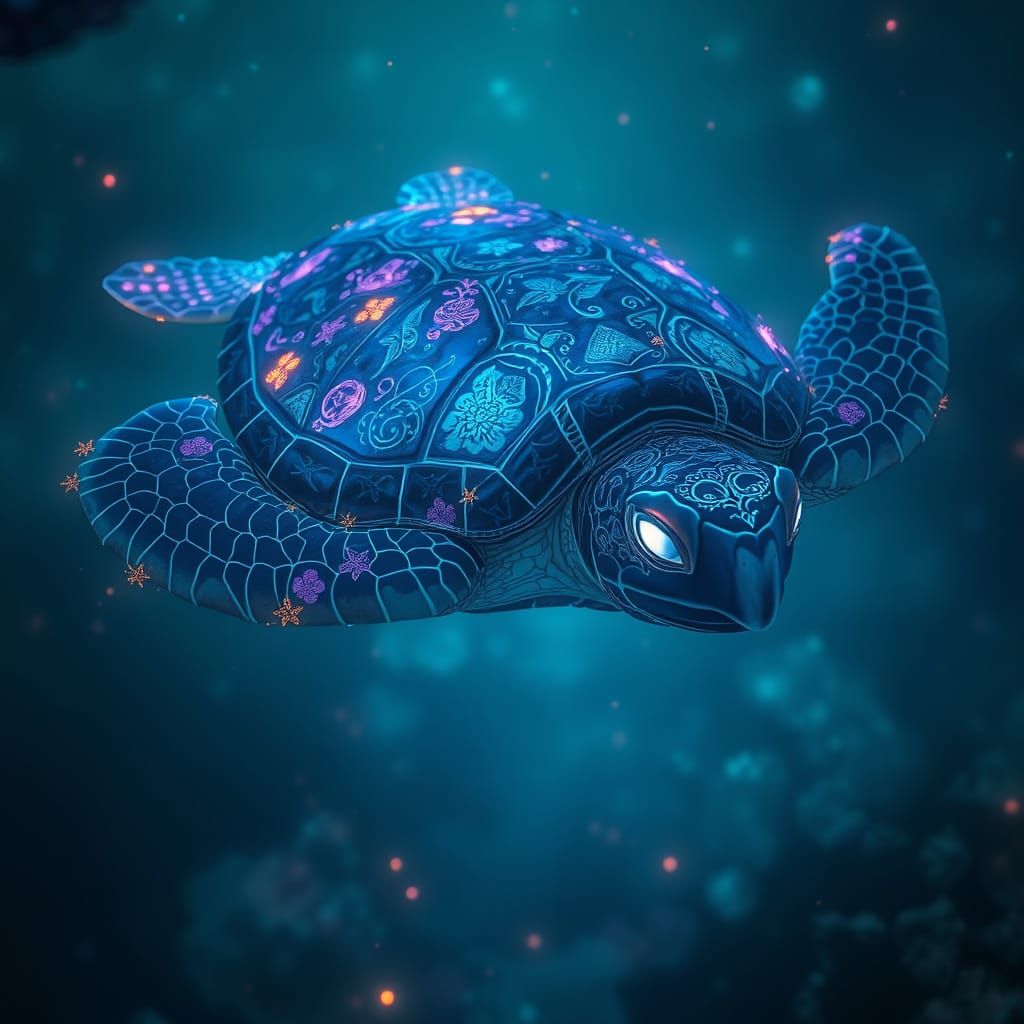 Bioluminescent Turtle in Ethereal Underwater Realm
