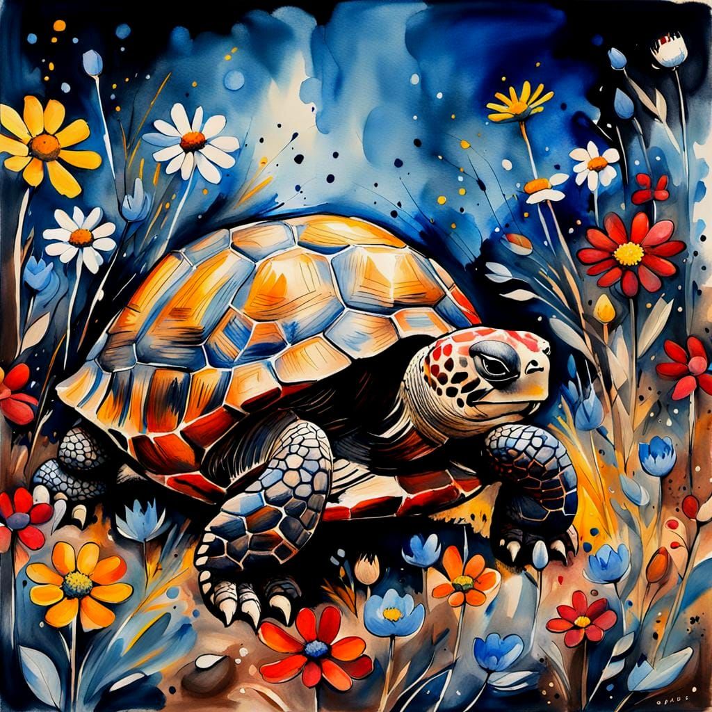 Tortoise in a patch of wild flowers