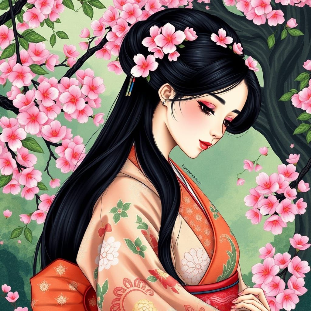 Japanese Woman in Whimsical Cherry Blossom Landscape