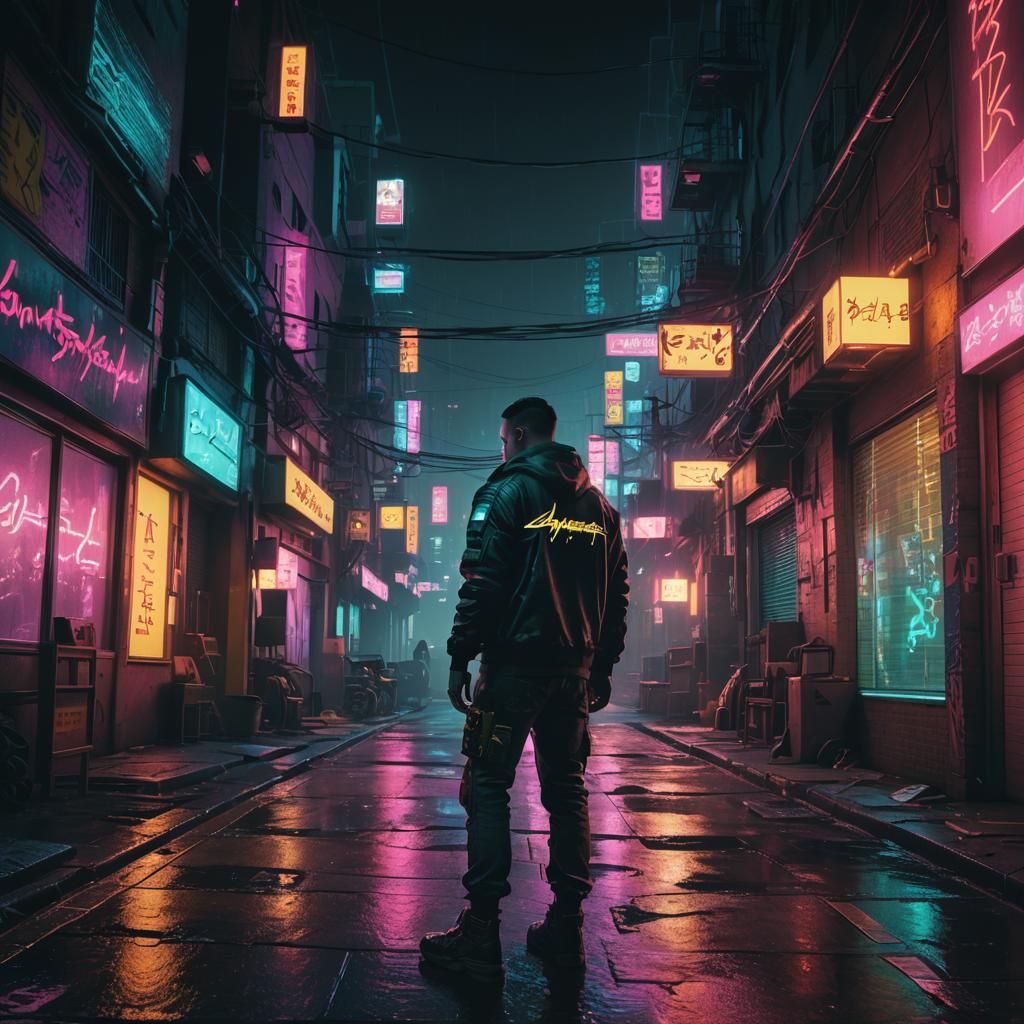 Cyberpunk Hacker in Neon Alleyway Film Still