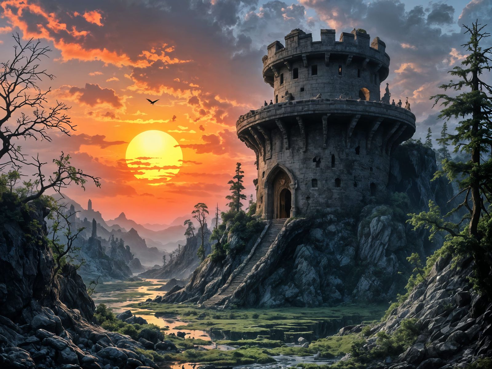 Medieval Tower Portrait at Sunset in Dark Fantasy Style