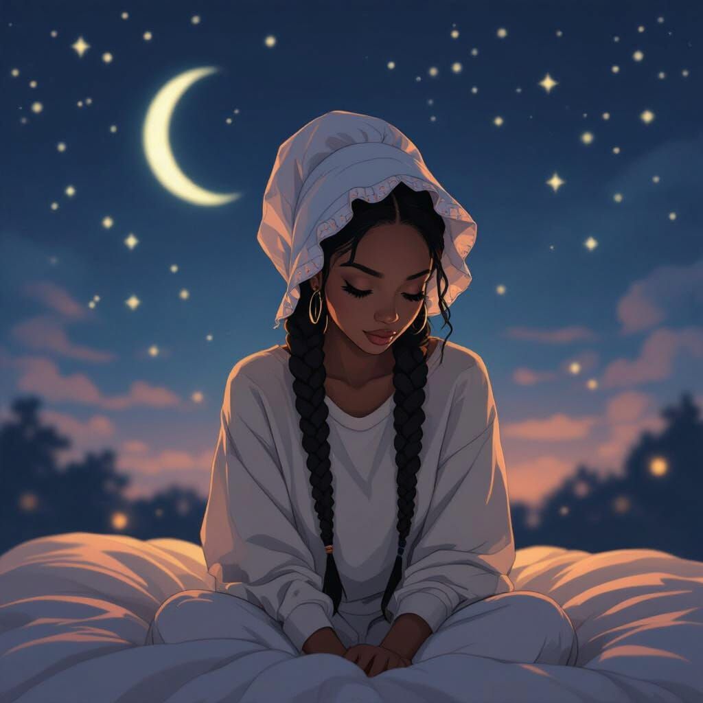 Lofi Black Woman in Bonnet Under Night Sky