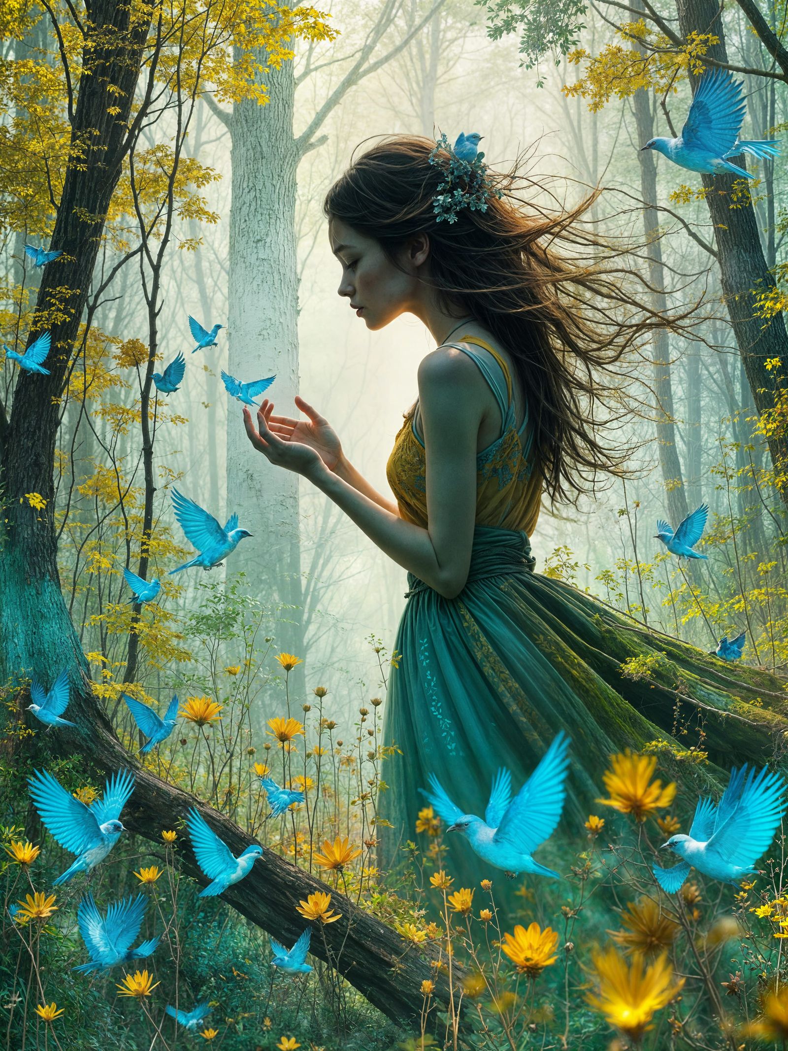 Teenager with Bluebirds in Ethereal Forest Clearing