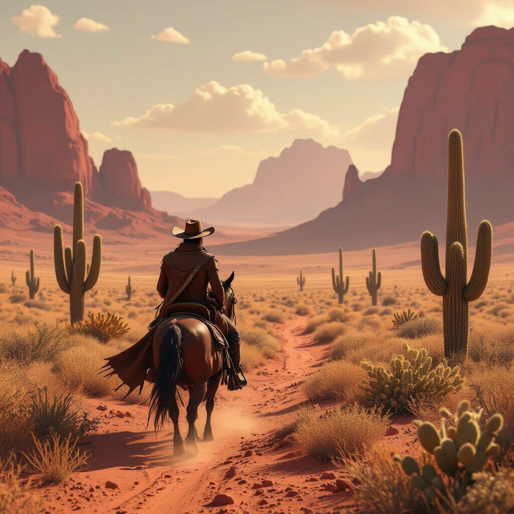 Martian Cowboy Rides Through Cactus Prairie