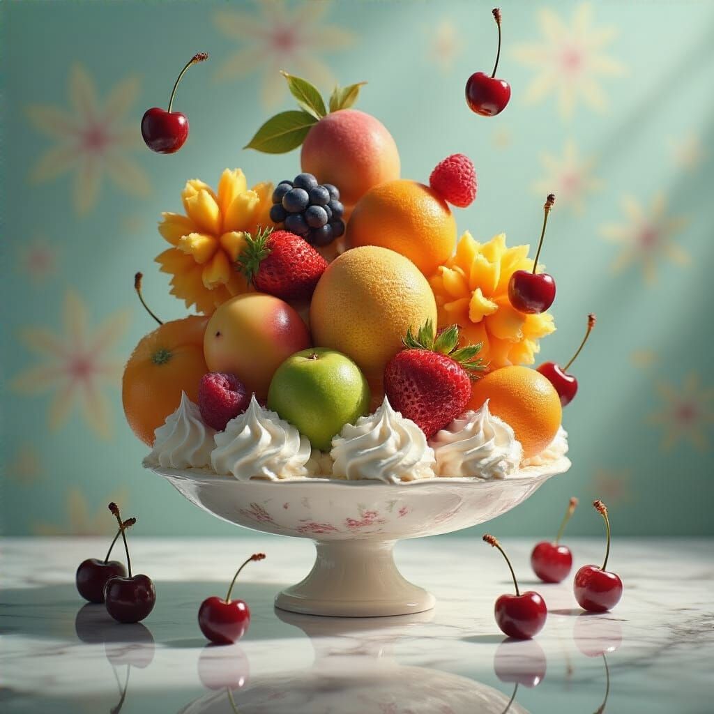 Surreal Floating Fruits Still Life in Painterly Style