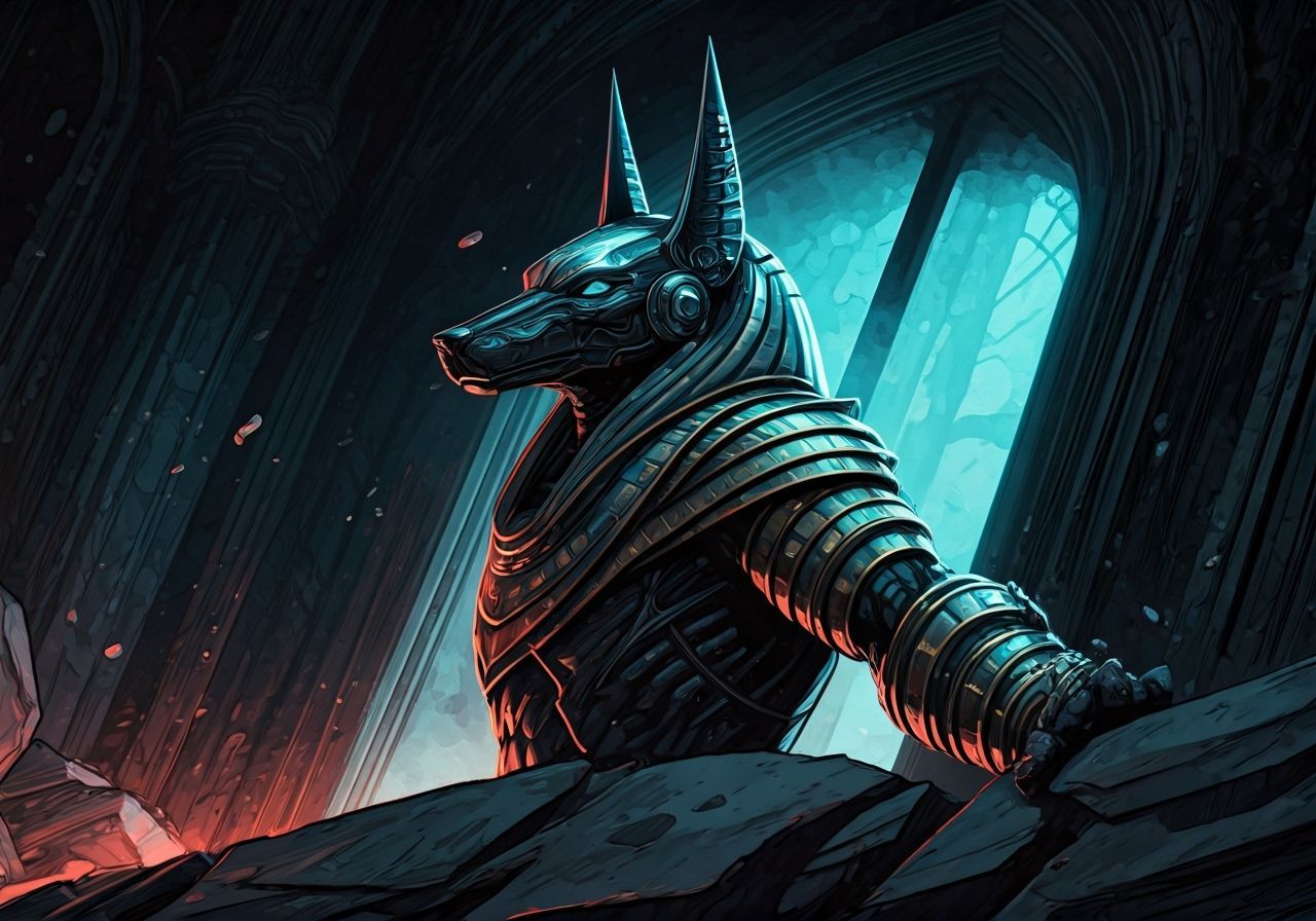 Futuristic Anubis Pushes Open Ruined Door in Dystopian Corri...