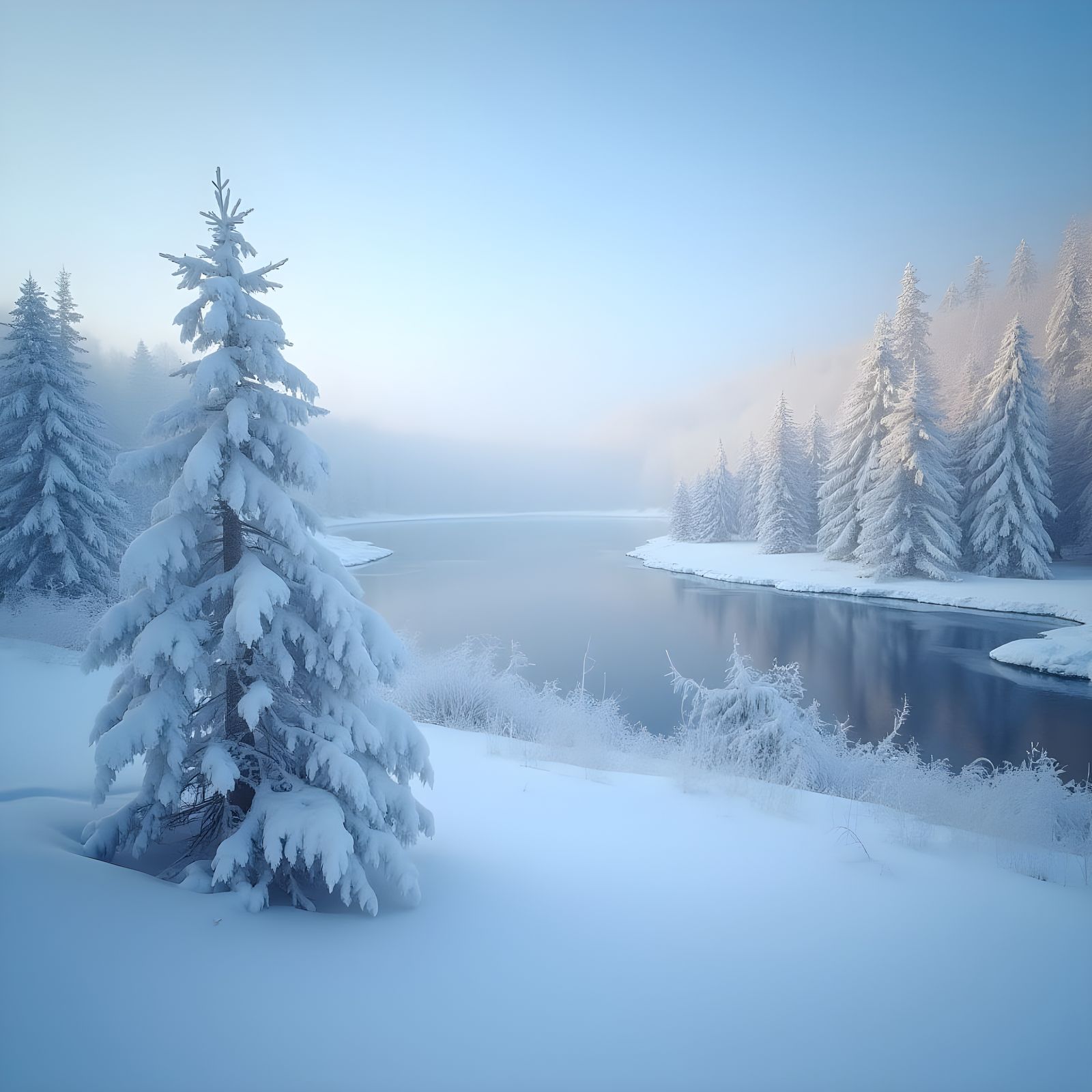 Winter Wonderland in Snowy Pine Forest under Clear Blue Sky