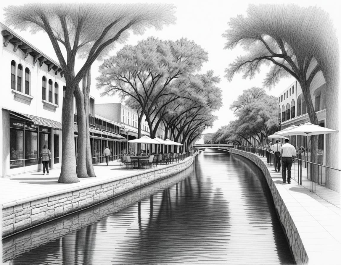 San Antonio River Walk in Pencil Sketch Style