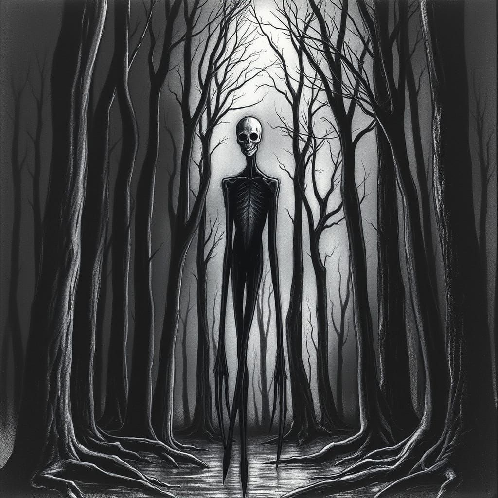 Slender Man in Eerie Forest Charcoal Drawing