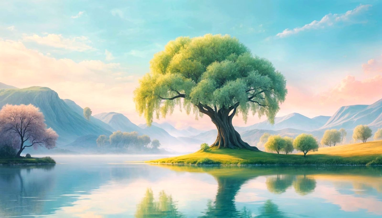 Minimalist Willow Tree Landscape in Pastel Hues