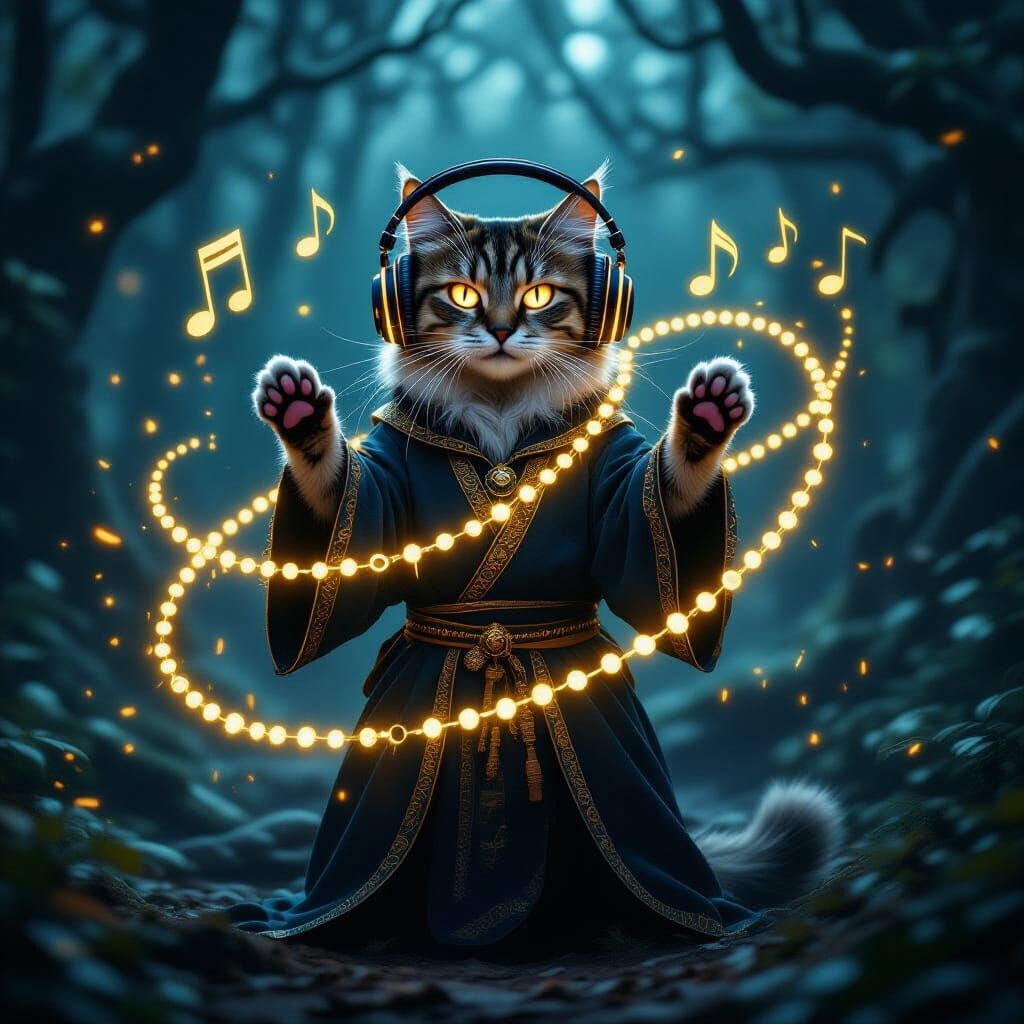 Mystical Cat in Forest with Glowing Chains